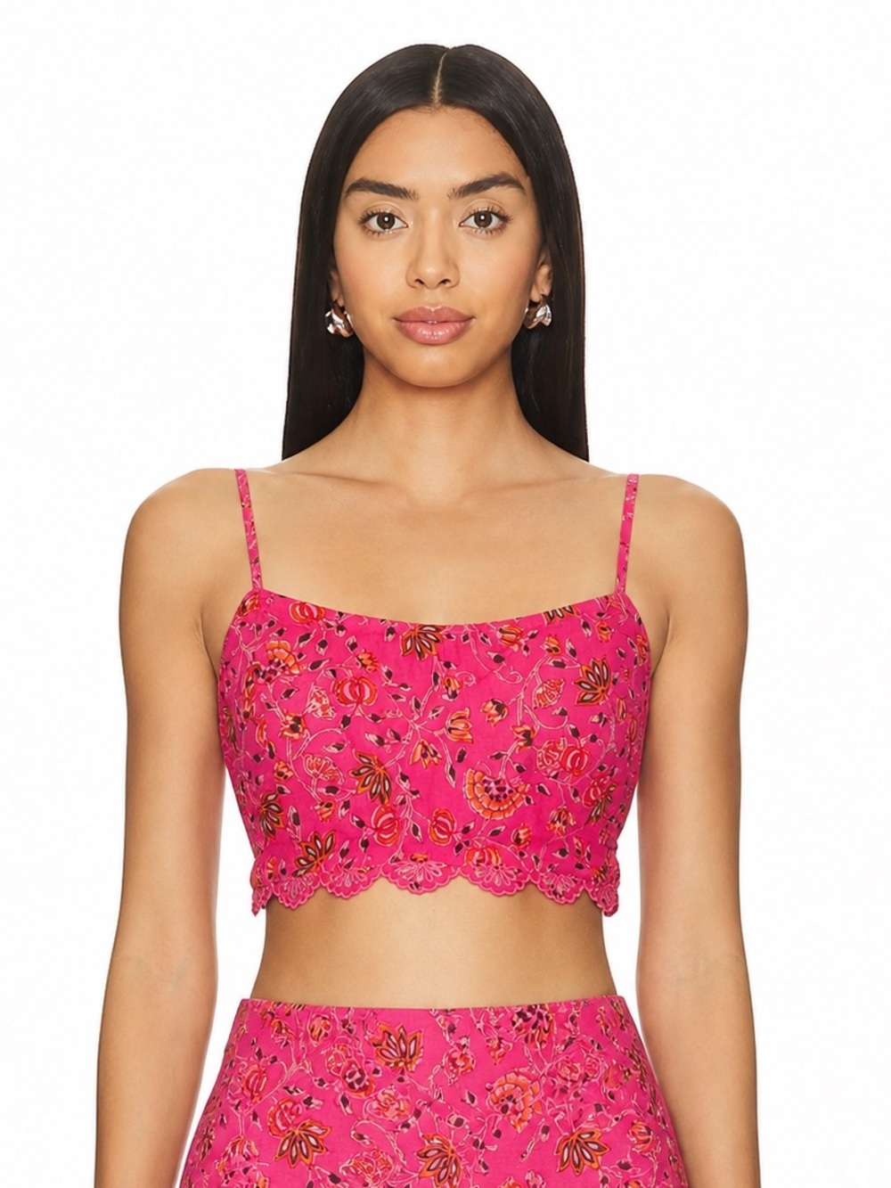Caroline Constas Pink Cotton Smocked Crop Top Floral Cropped Tank size Medium